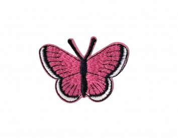 Vlinder applicatie,opstrijkbaar.  Pink. Met wit randje.  Ongeveer 3,5 x 2,5 cm