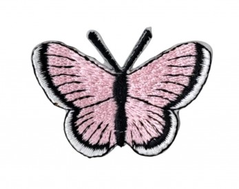 Vlinder applicatie, opstrijkbaar  Roze met wit randje  Ongeveer 5 x 3,5 cm