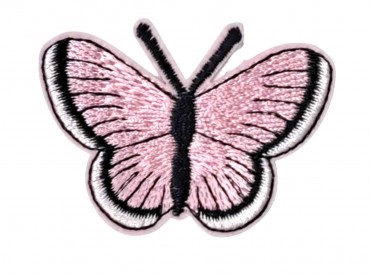 Vlinder applicatie, opstrijkbaar  Roze met wit randje  Ongeveer 5 x 3,5 cm