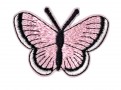 Vlinder applicatie, opstrijkbaar  Roze met wit randje  Ongeveer 5 x 3,5 cm