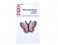 Vlinder applicatie, opstrijkbaar  Roze met wit randje  Ongeveer 5 x 3,5 cm