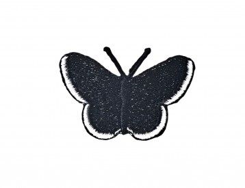 Vlinder applicatie,opstrijkbaar.  Zwart met wit randje  Ongeveer 3,5 x 2,5 cm