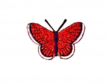 Vlinder applicatie,opstrijkbaar.  Rood glitter.  Ongeveer 3,5 x 2,5 cm