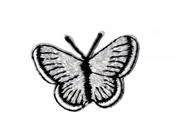 Vlinder applicatie,opstrijkbaar.  Zilvergrijs glitter  Ongeveer 3,5 x 2,5 cm
