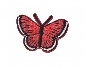 Vlinder applicatie,van HKM  Opstrijkbaar.  Rood met wit en zwart randje  Ongeveer 3,5 x 2,5 cm