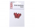 Vlinder applicatie,van HKM  Opstrijkbaar.  Rood met wit en zwart randje  Ongeveer 3,5 x 2,5 cm