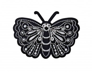 Vlinder applicatie van HKM  Plakbaar en strijkbaar.   Zwart/zilver met stippen  Ongeveer 7 x 5 cm