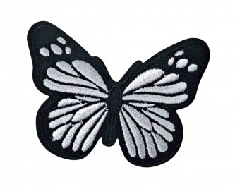 Vlinder applicatie van HKM  Plakbaar en strijkbaar.   Zwart/zilver met strepen  Ongeveer 6,5 x 4,5 cm