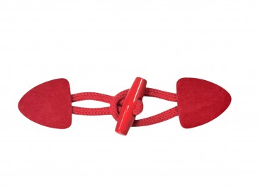 Houtje/touwtje sluiting.  Helderrood.  Ongeveer 15 x 4 cm.  Kunstleer.  Katoen/polyester touw.  Kunststof knoop