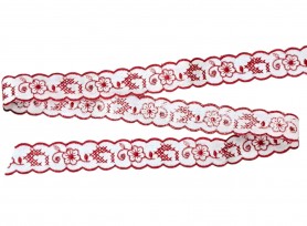 Katoen kant gekleurd Rood/wit met bloem 25mm