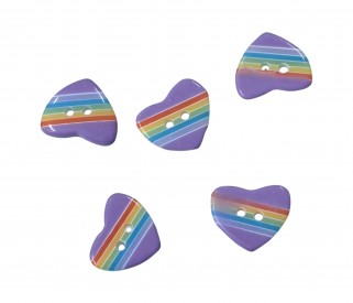 Paarse hartjes knoop met streepjes.  Stevig kunststof en 2 gaten.  Afmetingen ongeveer 17 x 15 mm  Dikte ongeveer 4,5 mm