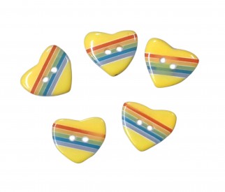 Gele hartjes knoop met streepjes.  Stevig kunststof en 2 gaten.  Afmetingen ongeveer 17 x 15 mm  Dikte ongeveer 4,5 mm