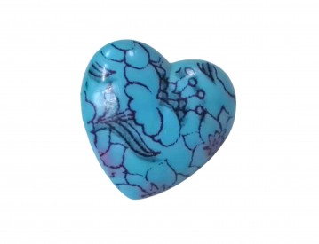 Aqua kunststof hartknoop met bloemprint.  Op een steeltje.  Ongeveer 12,5 mm doorsnee.