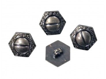 Metal look knoop op een steeltje.  Zes-hoekige knoop  Doorsnee ongeveer 16 mm.  Knopen worden per stuk verkocht