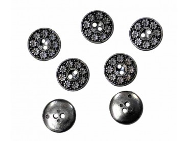 Kunststof knoop metal look met 2 gaatjes.  Oud zilver met bloemetjes motief.  Doorsnee ongeveer 18 mm