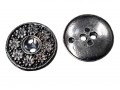Kunststof knoop metal look met 2 gaatjes.  Oud zilver met bloemetjes motief.  Doorsnee ongeveer 18 mm