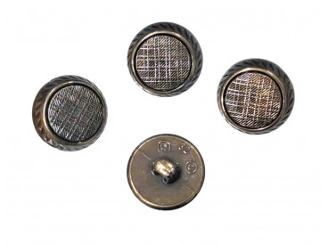 Kunststof knoop metal oook op een steeltje.  Oud goud met een raster motief.  Doorsnee ongeveer 20 mm.  Dikte ongeveer 6,9 mm.