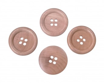 Houten mantelknoop 4 gaats  Doorsnee ongeveer 30 mm.  Lichte houtkleur. Met nerven en opstaande rand.