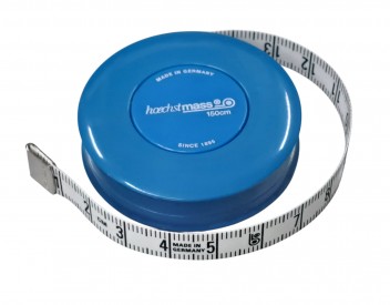 Rolcentimeter van het merk Hoechstmass.  Kleur blauw  Het meetlint is 150 cm lang  Afmeting: 50 mm doorsnee, 14 mm dik.  