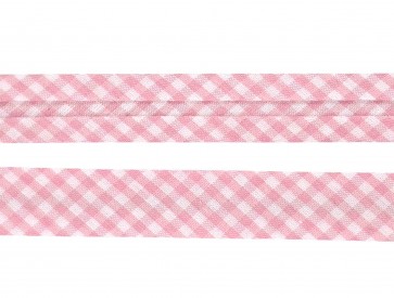Roze geblokt biaisband.  100% katoen   Breed: 18 mm
