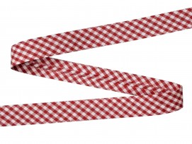Rood geblokt biaisband.  Breed: 18 mm  Katoen/pe  De prijs is per meter