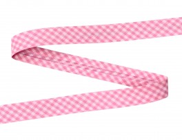 Roze geblokt biaisband.  Breed: 18 mm  Katoen/pe  De prijs is per meter