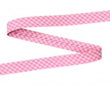 Roze geblokt biaisband.  Breed: 18 mm  Katoen/pe  De prijs is per meter