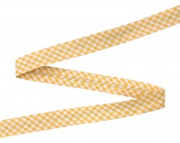 Geel geblokt biaisband.  Breed: 18 mm  Katoen/pe  De prijs is per meter