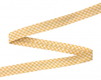 Geel geblokt biaisband.  Breed: 18 mm  Katoen/pe  De prijs is per meter
