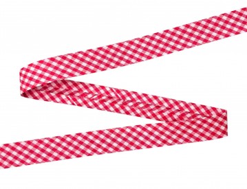 Pinkkleurig geblokt biaisband.  Breed: 18 mm  Katoen/pe  De prijs is per meter