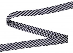 Donkerblauw geblokt biaisband.  Breed: 18 mm  Katoen/pe  De prijs is per meter