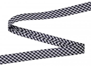 Donkerblauw geblokt biaisband.  Breed: 18 mm  Katoen/pe  De prijs is per meter