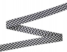 Zwart geblokt biaisband.  Breed: 18 mm  Katoen/pe  De prijs is per meter