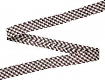 Bruin geblokt biaisband.  Breed: 18 mm  Katoen/pe  De prijs is per meter