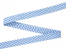 Lichtblauw geblokt biaisband.  Breed: 18 mm  Katoen/pe  De prijs is per meter