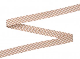 Zand geblokt biaisband.  Breed: 18 mm  Katoen/pe  De prijs is per meter