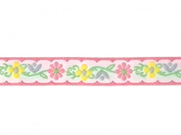 Wit sierband met roze en gele bloemen in zachte pasteltinten  12mm breed  