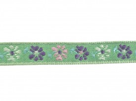Groen sierband met een paarse en roze bloem en een groen randje  Ongeveer 8 mm breed