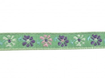 Groen sierband met een paarse en roze bloem en een groen randje  Ongeveer 8 mm breed
