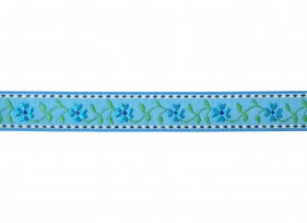 Lichtaqua kleurig sierband met een aqua bloem en een blauw randje  Ongeveer 19 mm breed