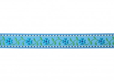 Lichtaqua kleurig sierband met een aqua bloem en een blauw randje  Ongeveer 19 mm breed