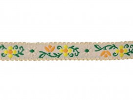 Sierband Bloem zachtgeel met geel/oranje bloem en schulprandje 18mm