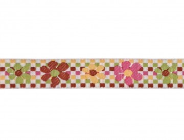 LET OP: 2 stukken van 1 meter op voorraad.  Dus "1" of "2' invullen.  Sierband met een multicolor boerenbont ruit en bloem  Onge