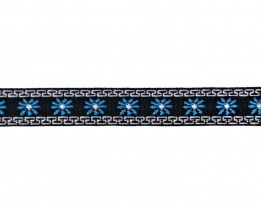 Zwart sierband met een aqua bloem en een zilverkleurig randje  Ongeveer 12 mm breed