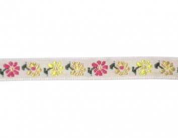 Wit sierband met een gele en roze bloem en een wit randje  Ongeveer 9 mm breed