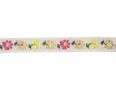 Wit sierband met een gele en roze bloem en een wit randje  Ongeveer 9 mm breed
