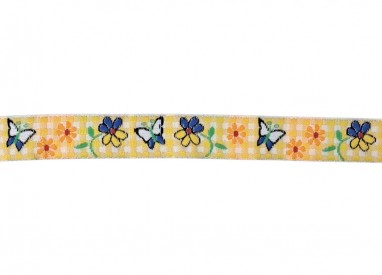 LET OP: Totaal 4 meter in 2 stukken van elk 2 meter  Sierband met gele boerenbontruit en met bloem en vlinder  Ongeveer 14 mm br