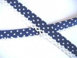 Biaisband Blauw met witte stip en ruche. Dubbel 15mm.