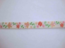 Sierband vlinder Offwhite met roze vlinders  15mm