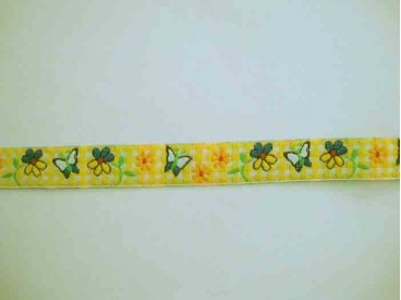 Hollands sierband BB ruit Geel met bloem en vlinder  15mm breed